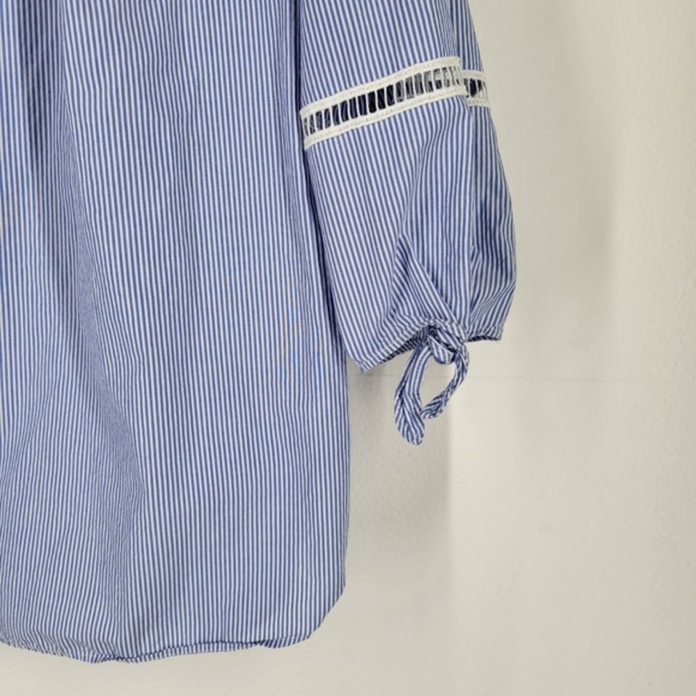 Talbots Plus 1X Blue White Stripe Blouse Top Tie cuffs Boho lace inset - Picture 4 of 8
